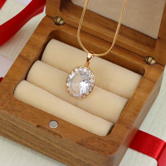 "Oval White Pendant with Crystal Halo in Elegant Rose Gold Plating, XPPT1621 - Picture 5 of 13